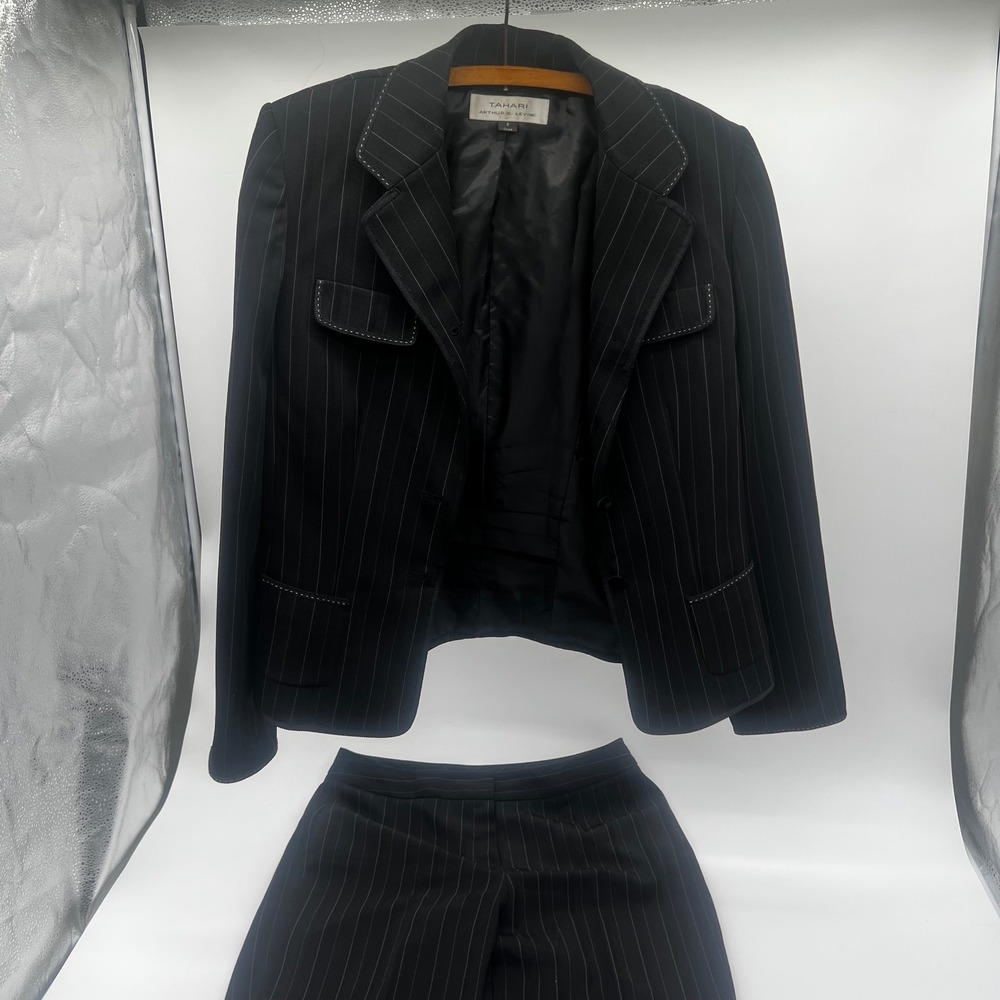 Tahari Arthur S Levine Mens Black Pinstripe Herringbone Pant Suit Blazer Size 8 - Picture 2 of 16